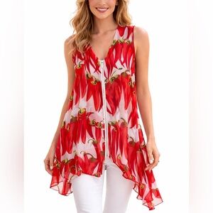Trendology Silk Blend Asymmetrical Zip Up Blouse Chili Pepper Print Size M Sheer